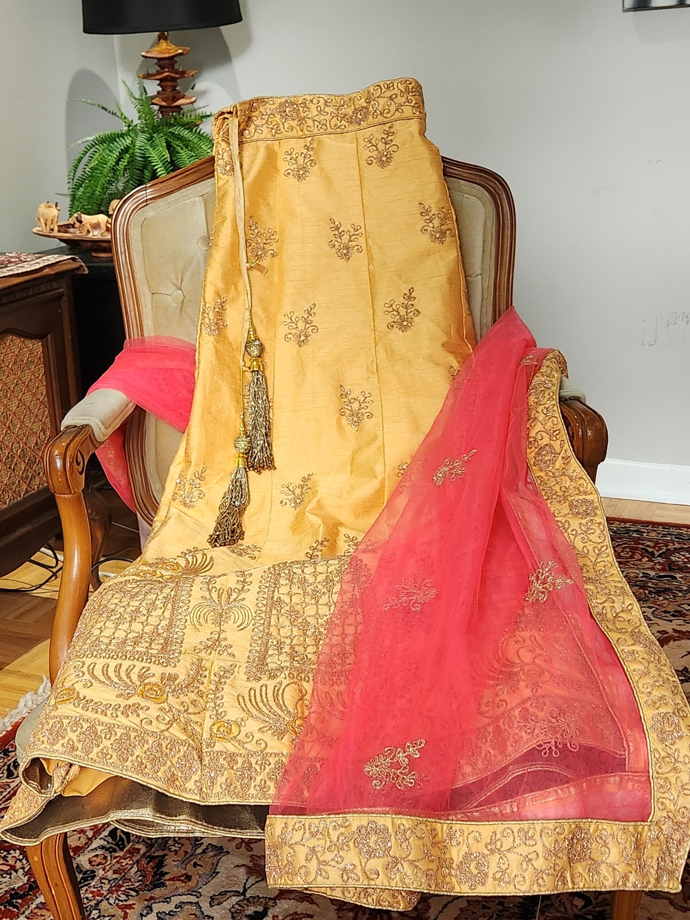 Peach With Gold Embroided Lehenga With Sheer Pink Dupatta